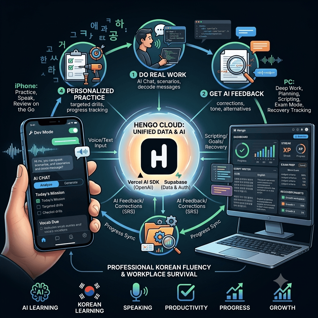 Diagram of the Hengo learning loop: do real work, get AI feedback, sync through the cloud, and practice with personalized drills across phone and desktop